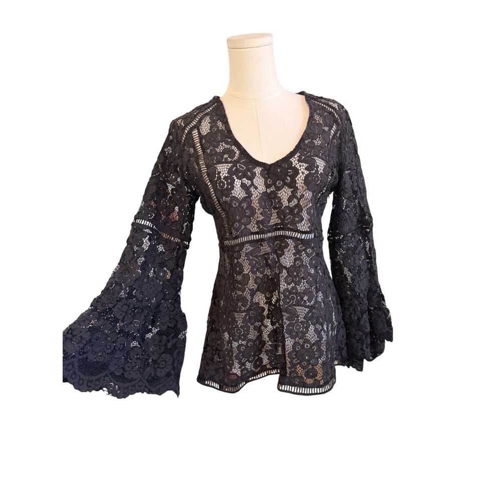 Scully Black Floral Lace Bell Sleeve Boho Western Top V-Neck Size L